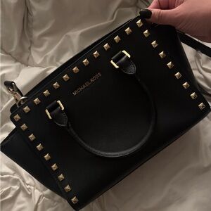 Michael Kors Black Leather Satchel with Gold Stud Accents